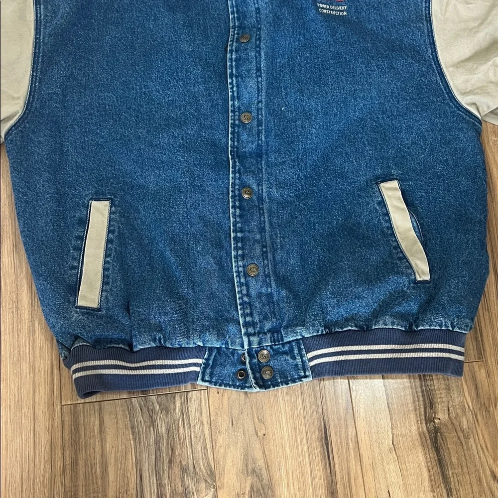 VTG Lee Denim & Beige Bomber Jacket with"OGE"& "POWER DELIVERY CONSTRUCTION" XXL - Picture 4 of 10